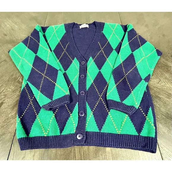 Vtg Izod Argyle Cardigan Sweater Green And Blue Size Medium M Secretary Unisex - Picture 3 of 11
